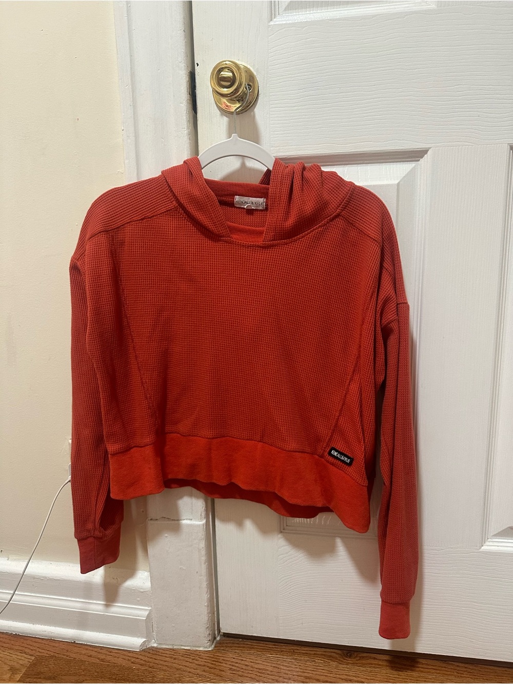 Kendall and Kylie Waffle-Knit Orange Cropped Hoodie